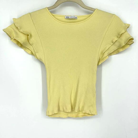 Zara Yellow Ribbed Crop Top Small Ruffle Sleeveless - Picture 5 of 5
